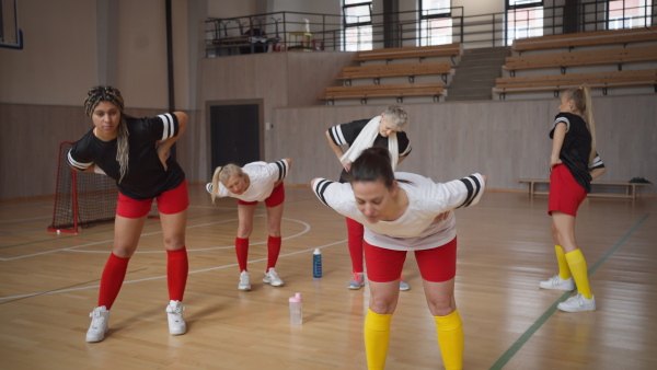 A group of young and old women, sports team players in gym, doing work out exercise.