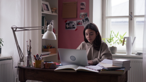 Young teenage girl studying and doing homework in her room.