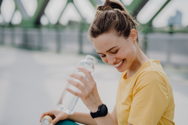 Young woman drinking water during jogging in a city, healthy lifestyle and sport concept.