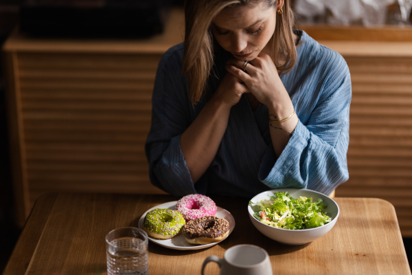 Young woman having diet, deciding between a salad and donuts.