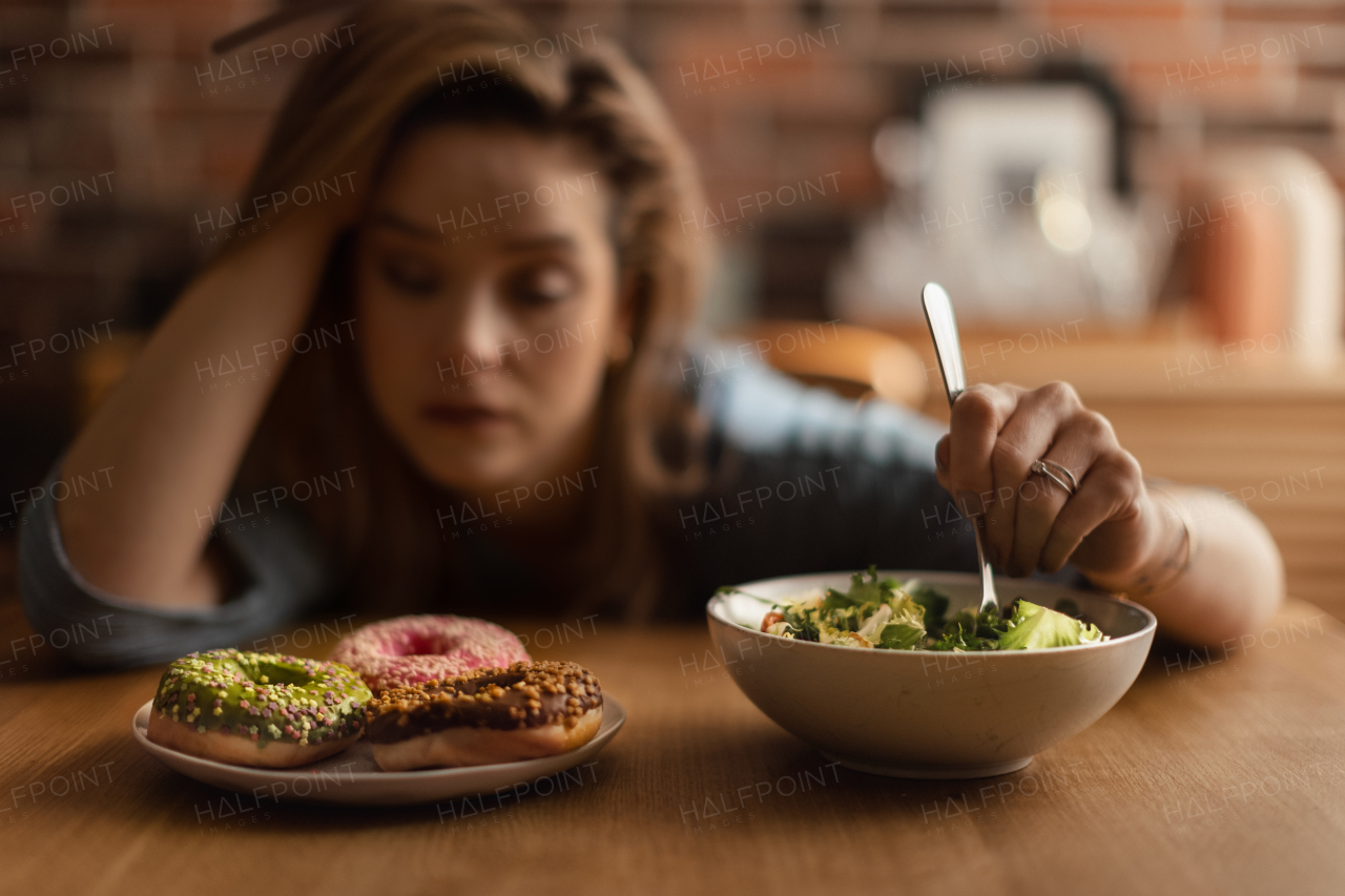 Young woman having diet, deciding between a salad and donuts.