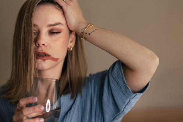 Portrait of depressed woman with a glass of wine.