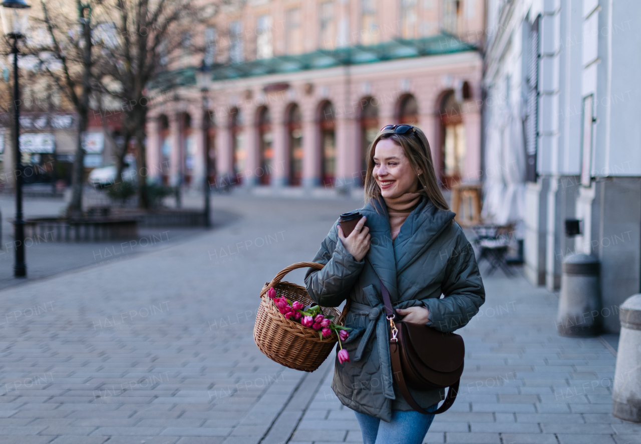 Young woman in a city with a basket full of flowers.