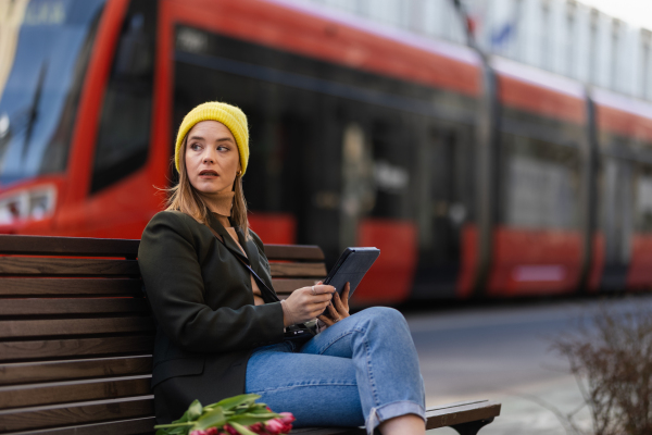 Young woman sitting in a city with tulips and digital tablet.