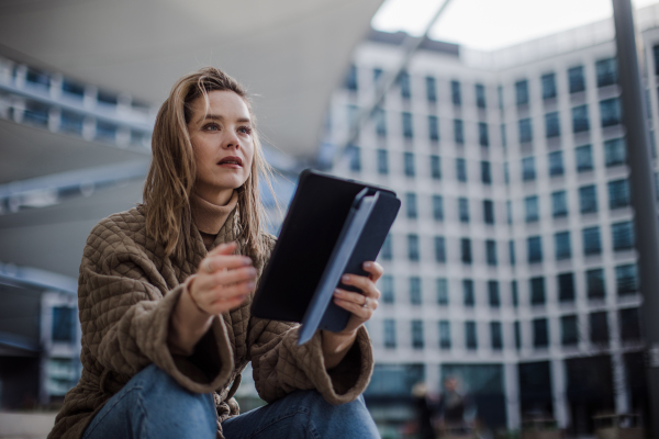 Portrait of young fashionable woman in city with digital tablet.