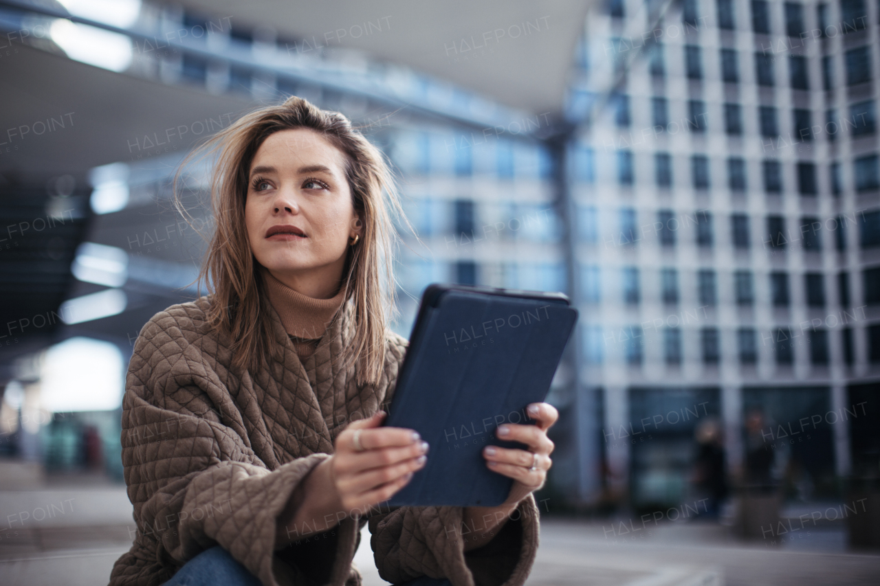 Portrait of young fashionable woman in city with digital tablet.