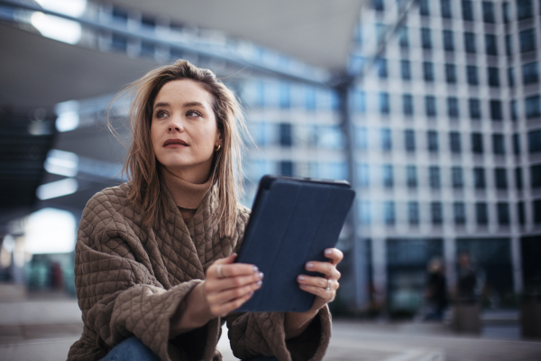 Portrait of young fashionable woman in city with digital tablet.