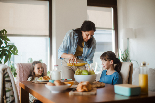 Mother prepares breakfast for the children, in the morning. Maternal love and care for the household and family.