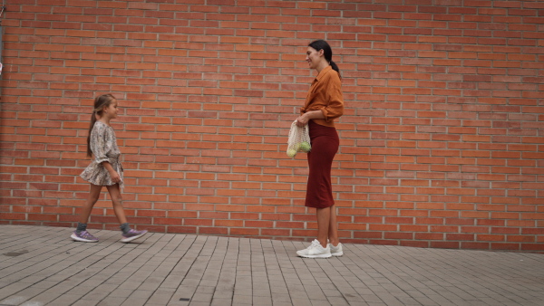 A hard-working, ambitious mother preparing her daughter for school, saying goodbye to her in front of the school building, and heads to work. Concept of work-life balance for women.