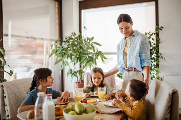 Mother prepares breakfast for the children, in the morning. Maternal love and care for the household and family.