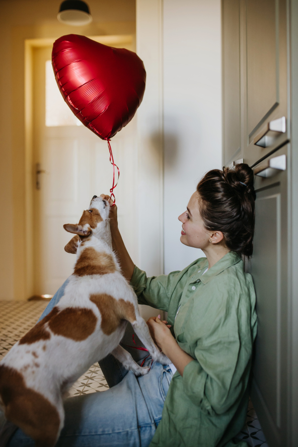 Beautiful single woman sitting on floor, playing with her dog with balloon. Young woman living alone in apartment, enjoying weekend.