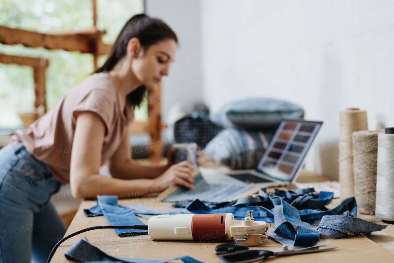 Young businesswoman checking customer order on laptop, standing by wooden loom. Upcycled textile, small cloth weaving business and circular economy.