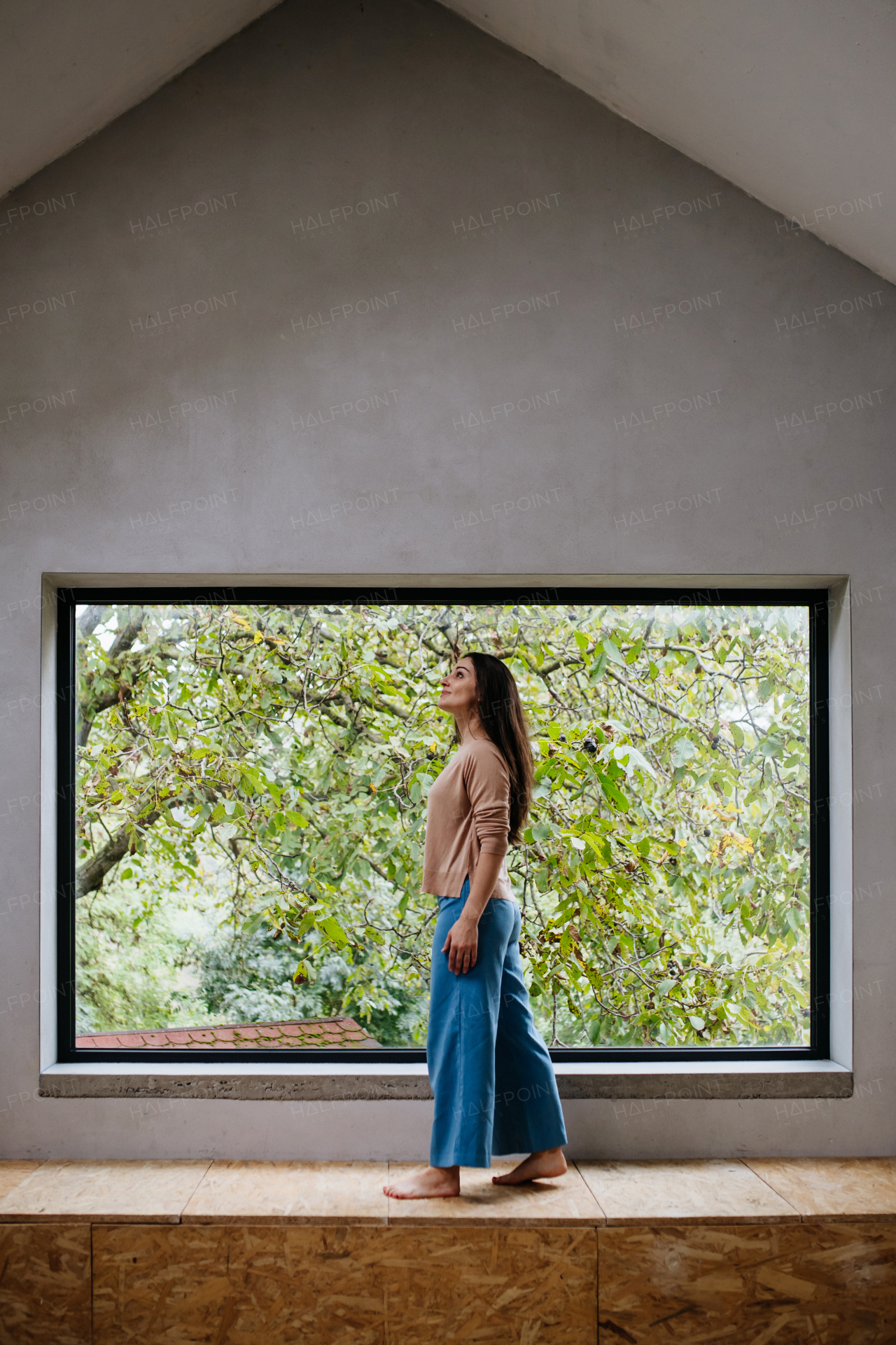 Beautiful woman standing in front of large window, clean space. Vaulted or cathedral ceiling in interior.