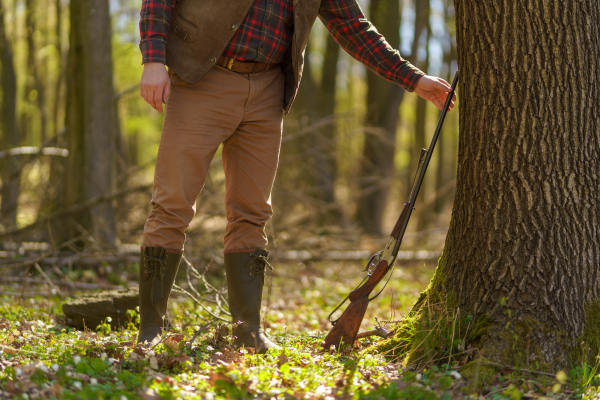 A lowsection of unter man with rifle gun in forest.