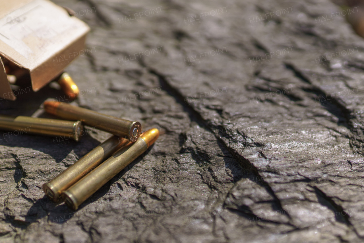 Rifle bullets and cartridges close-up on rock outdoors.