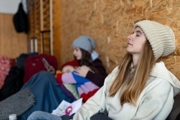 Ukrainian war refugees in a temporary shelter and help center.