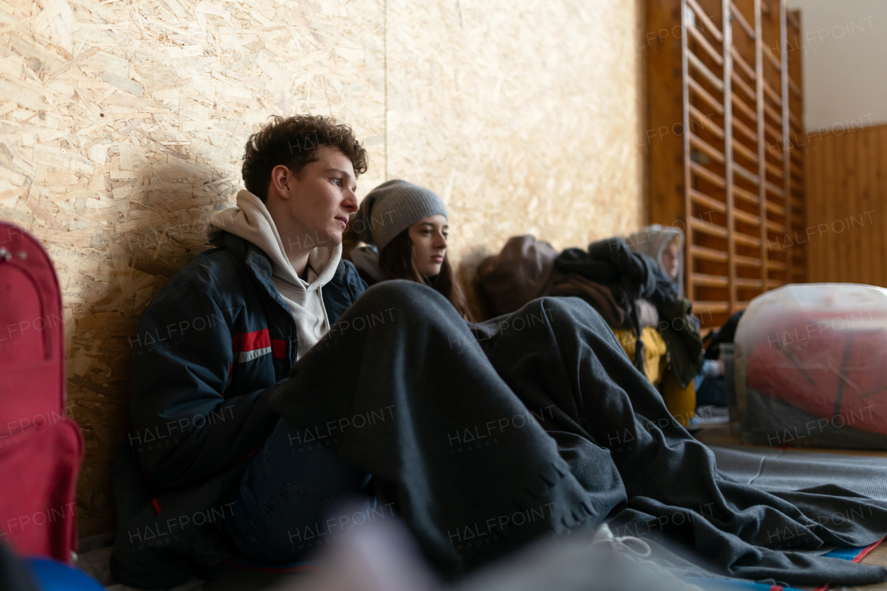 The young Ukrainian war refugees in temporary shelter and help center.