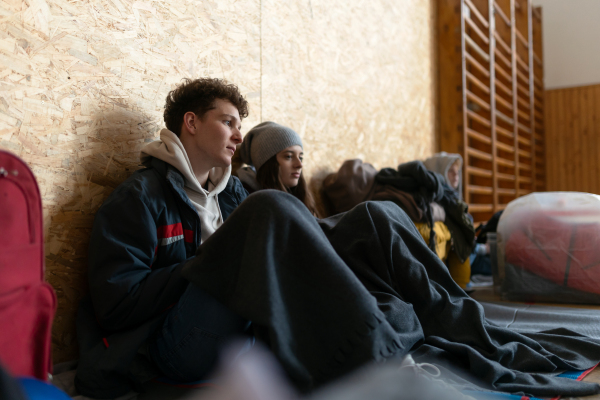 The young Ukrainian war refugees in temporary shelter and help center.