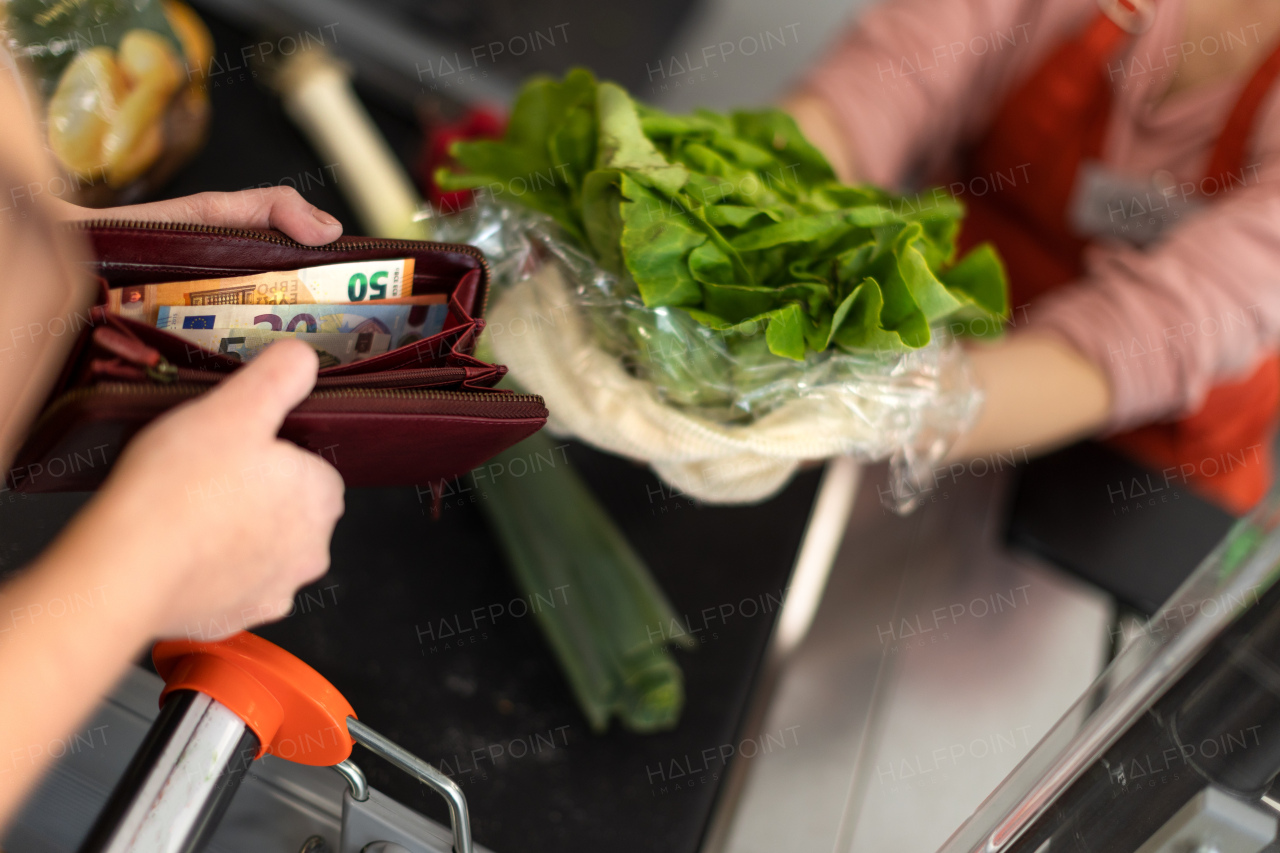 A close-up of woman giving money at the cash desk in supermarket