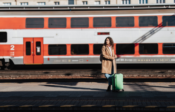 A young traveler woman with luggage waiting for train at train station platform. Train in the background.