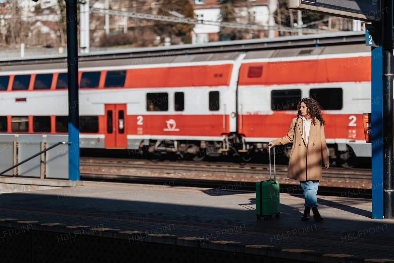 A young traveler woman with luggage waiting for train at train station platform. Train in the background.