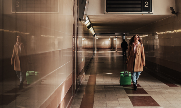 A woman traveler tourist going trough station with luggage.