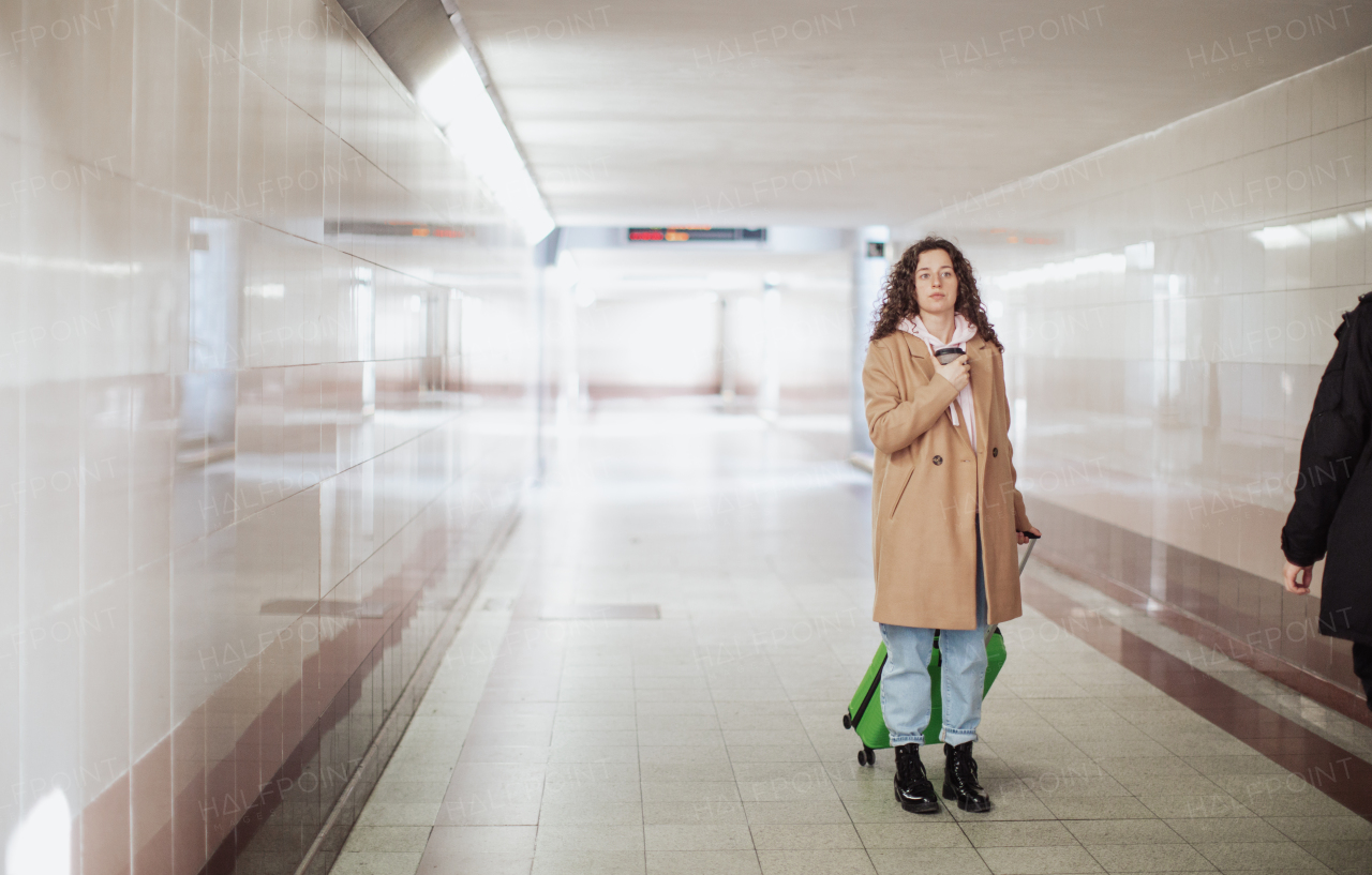 A woman traveler tourist going trough station with luggage holding cup of coffee.