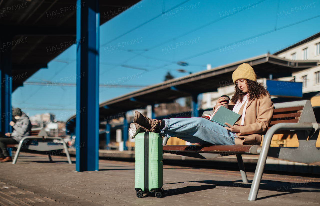 A young traveler woman sitting alone at train station platform with luggage.