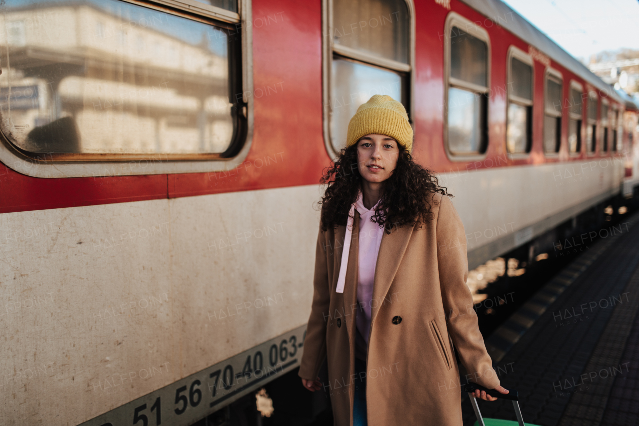 A young traveler woman with luggage standing at platform and getting on train