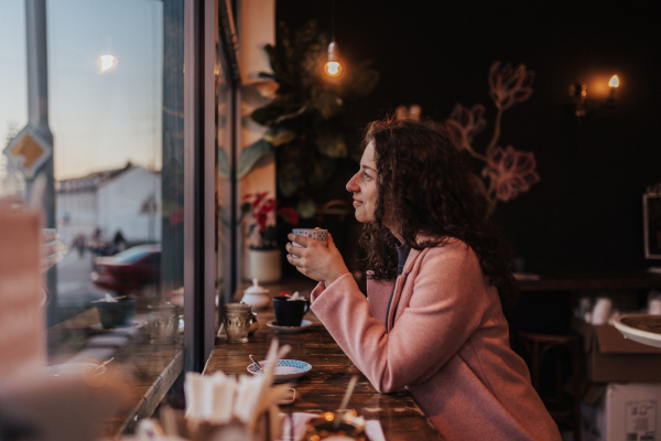 A young woman drinking tea and looking out of the cafe window while enjoying her leisure time alone