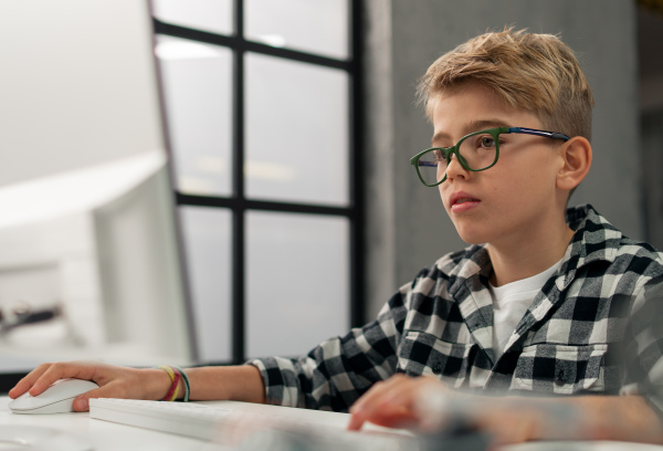 A schoolboy using computer in classroom at school