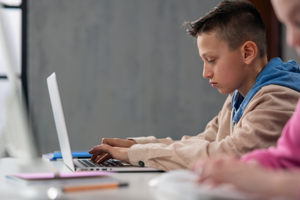 Side view of a schoolboy using computer in classroom at school