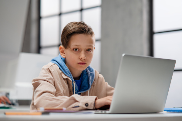 A schoolboy using computer in classroom at school