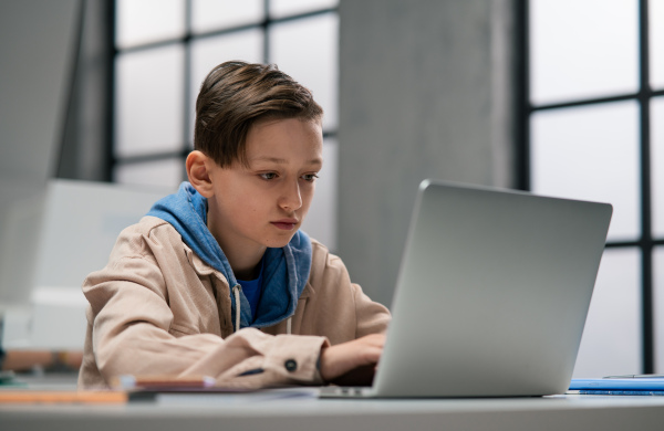 A schoolboy using computer in classroom at school