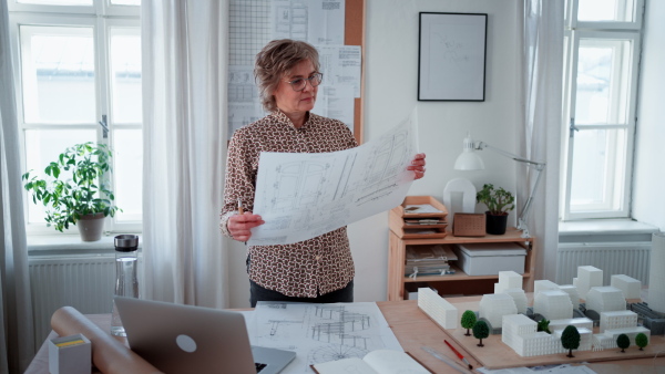 A senior woman architect with model of houses looking at blueprints in office.