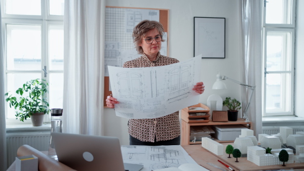 A senior woman architect with model of houses looking at blueprints in office.