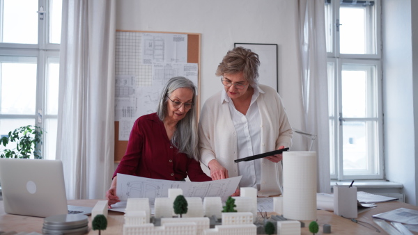 Senior women eco architects with model of modern bulidings and the blueprints working together in office.