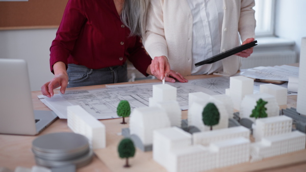 A close-up of mature women architects looking at blueprints together in office .