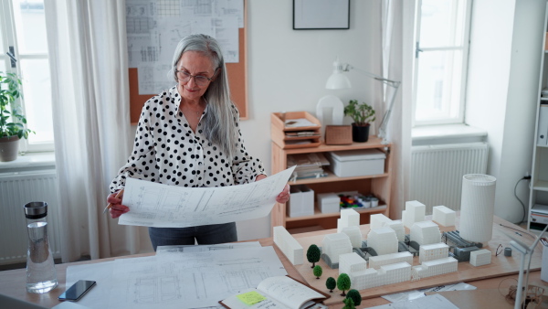 A senior woman architect with model of houses looking at blueprints in office.