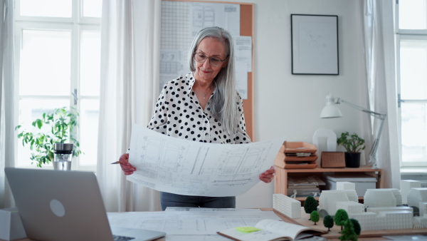 A senior woman architect with model of houses looking at blueprints in office.