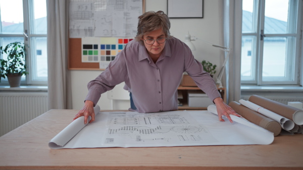 A senior woman architect with model of houses looking at blueprints in office.