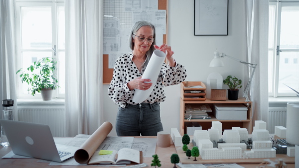 A senior woman architect with model of houses looking at blueprints in office.