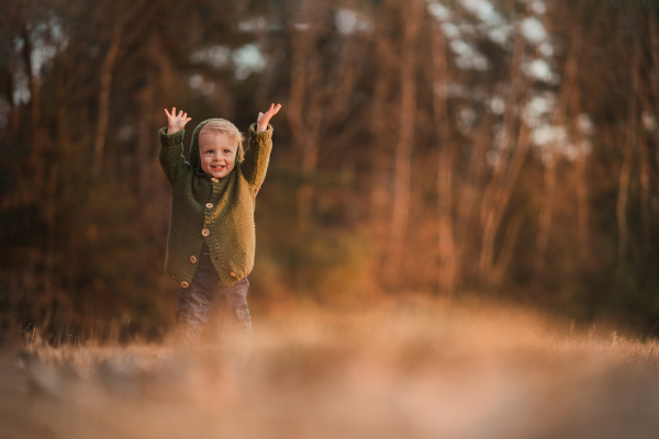 A happy little boy on walk in nature, raising hands.