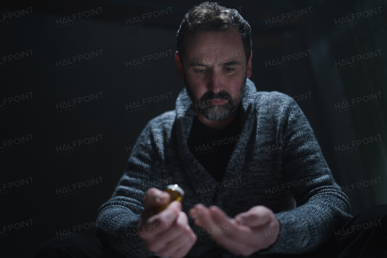 A mature man taking drug pill on dark background, mental health concept.