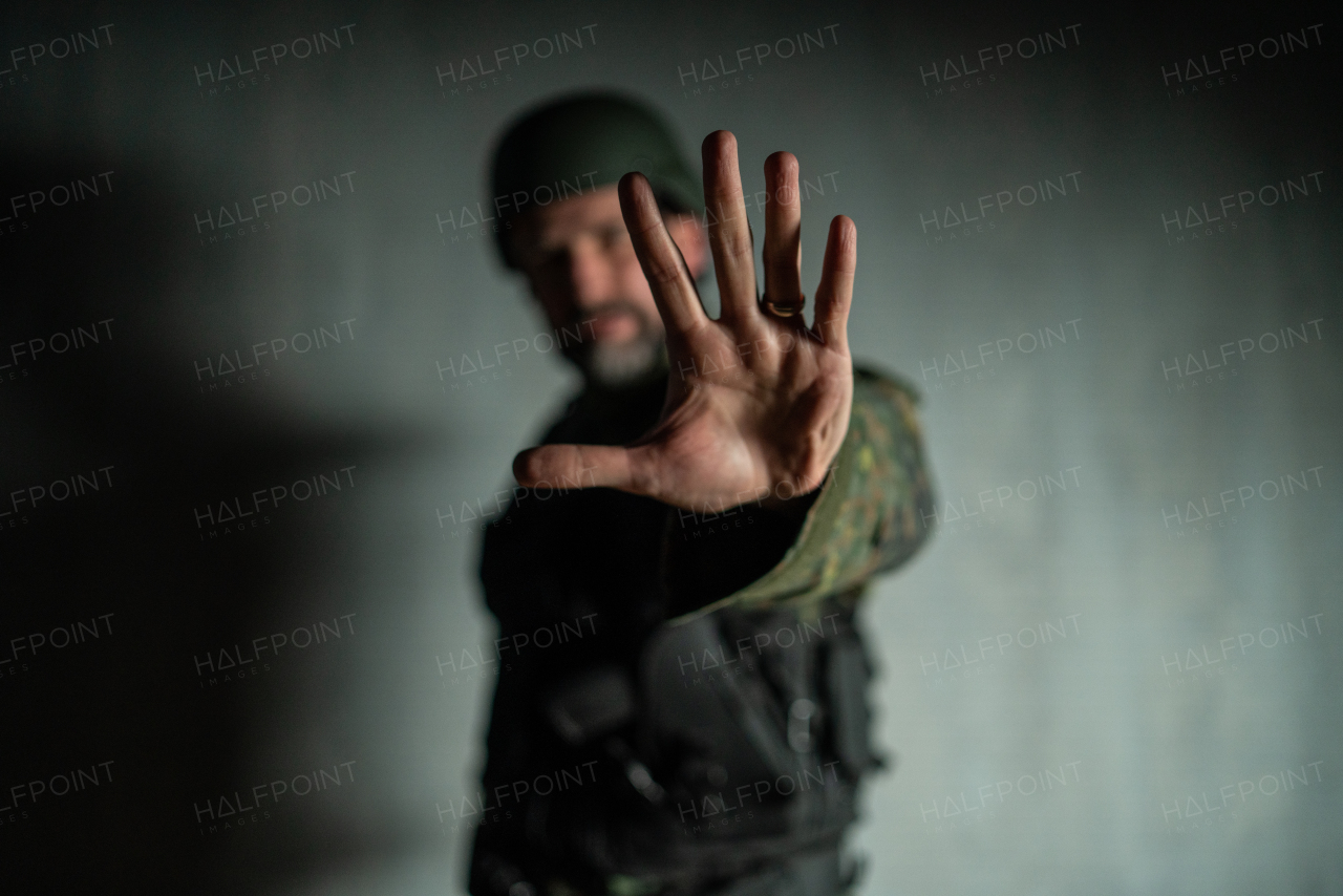 A frustrated military soldier sitting in boot camp