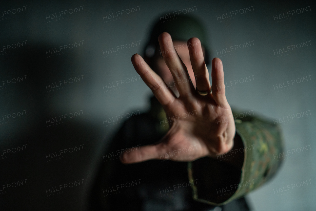 A frustrated military soldier sitting in boot camp