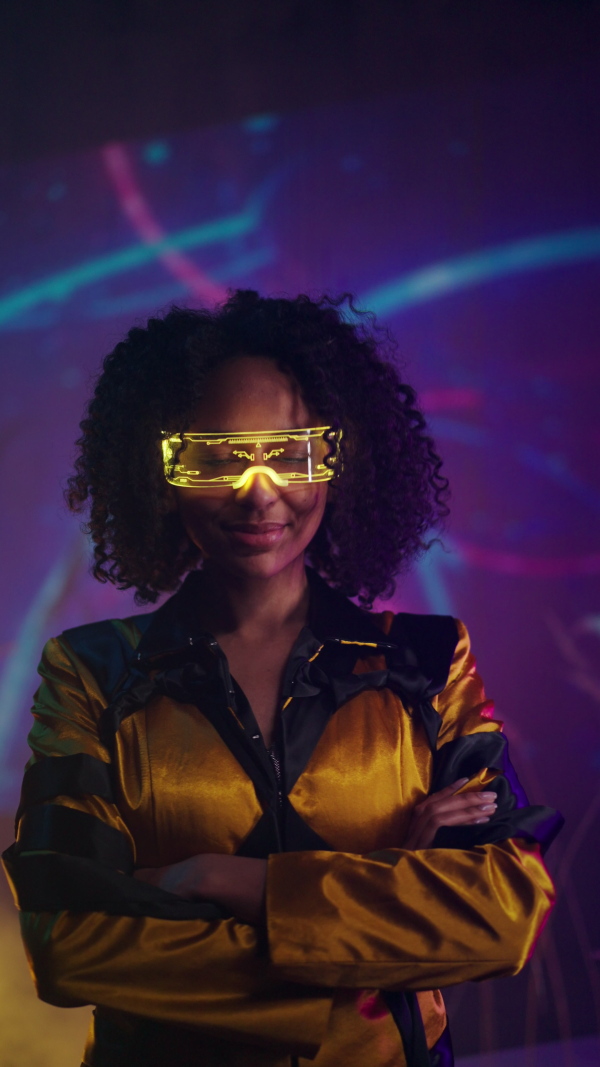 Metaverse digital cyber world technology, a young woman with smart glasses, futuristic lifestyle