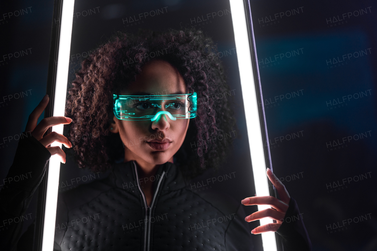 Metaverse digital cyber world technology, a young woman with smart glasses, futuristic lifestyle