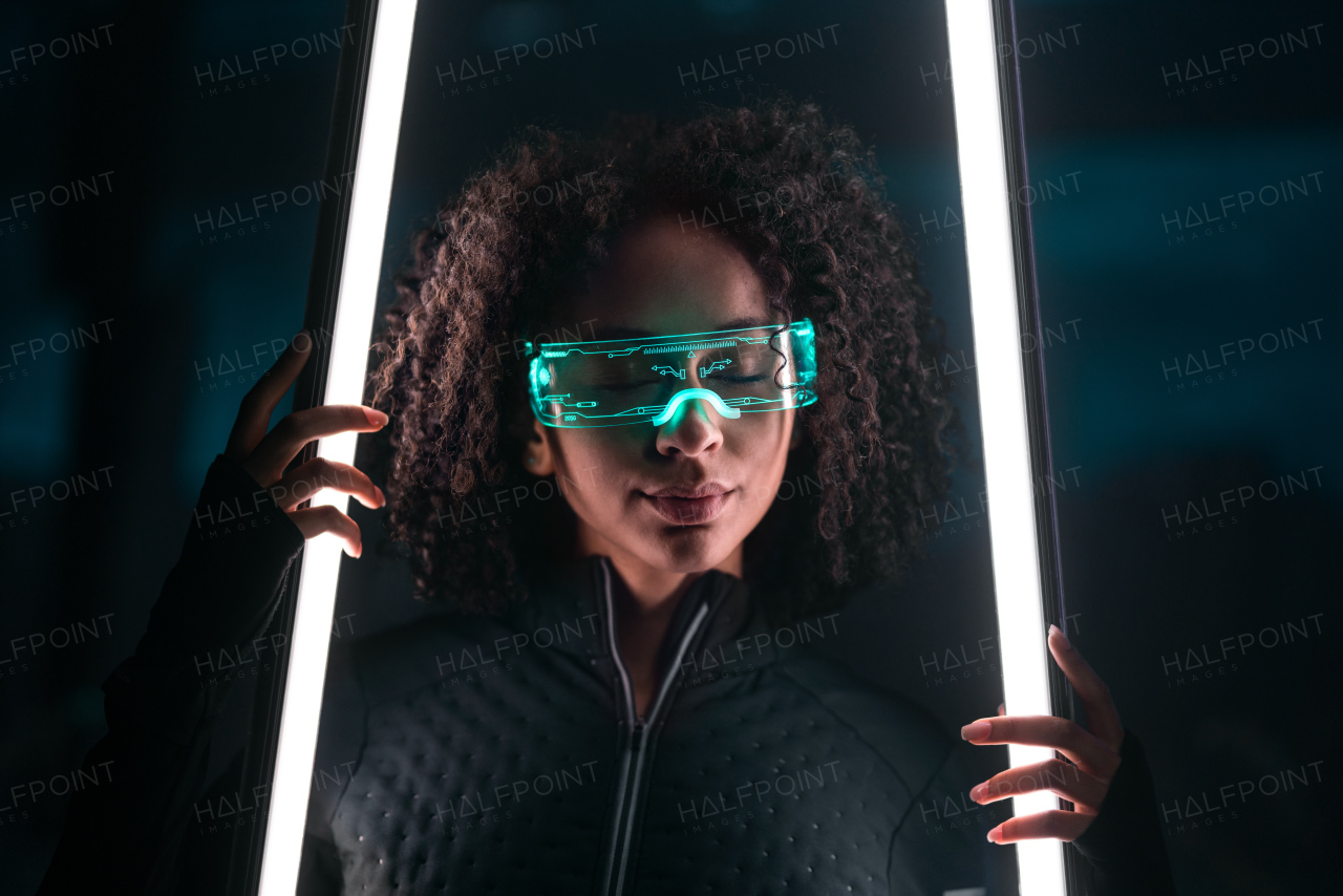 Metaverse digital cyber world technology, a young woman with smart glasses, futuristic lifestyle