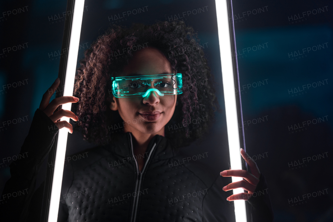 Metaverse digital cyber world technology, a young woman with smart glasses, futuristic lifestyle